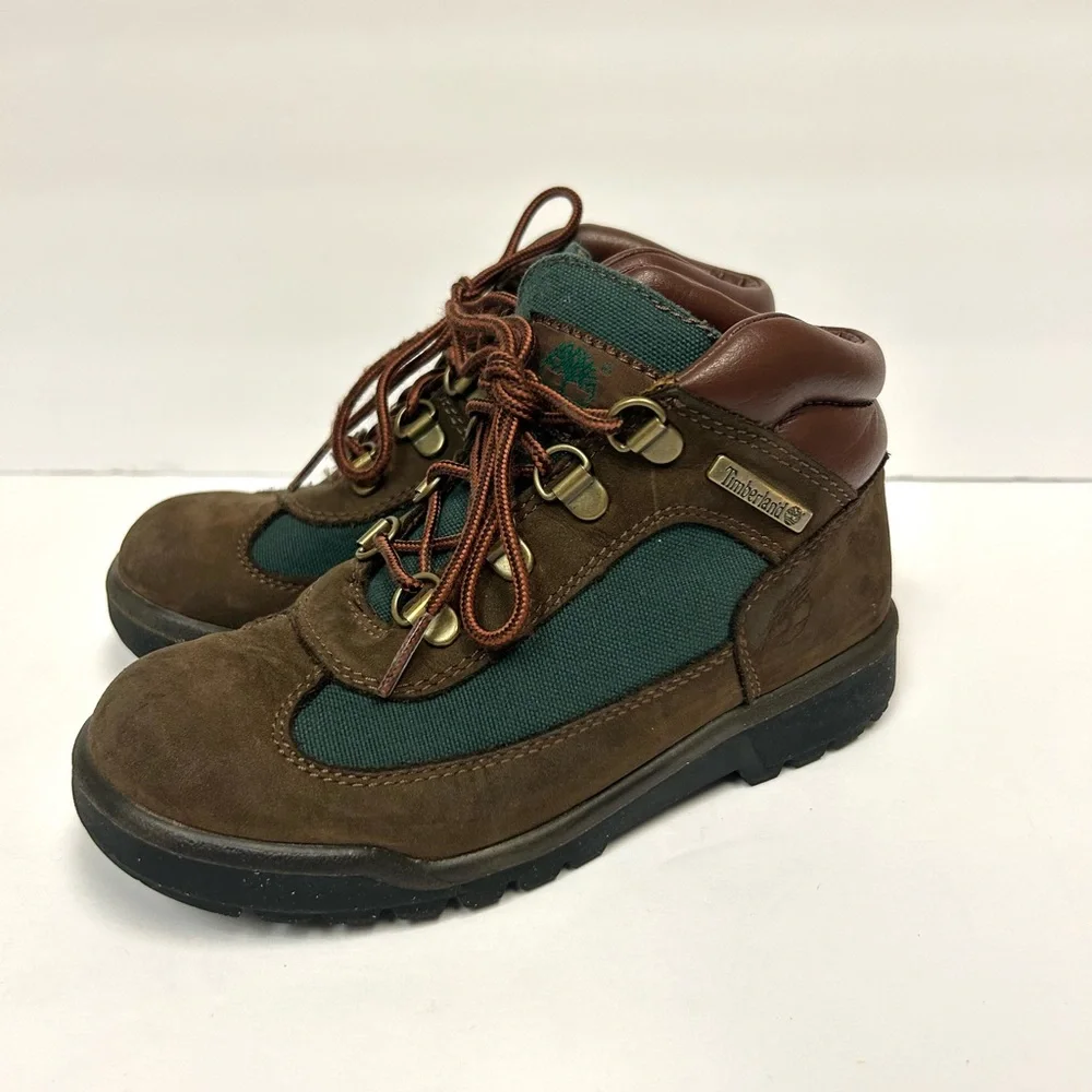 Timberland Youth Field Boot Sz 1 Brown Green Outdoor Waterproof Hiking Shoes